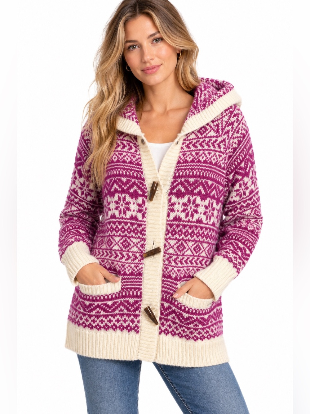 Avalanche Pink and Cream Fair Isle Hooded Toggle Cardigan